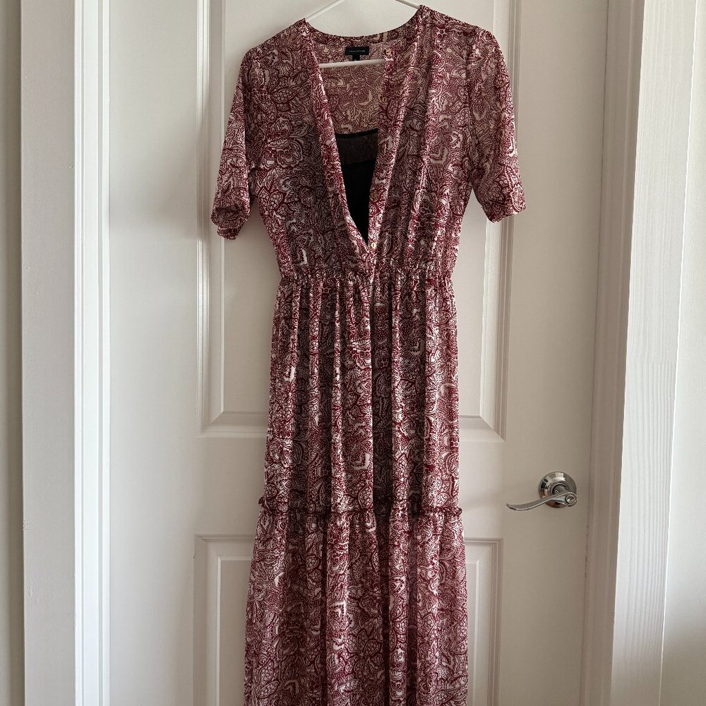 Who What Wear Brick Red Cream Floral Paisley Ruffle Midi Prairie Dress with Slip